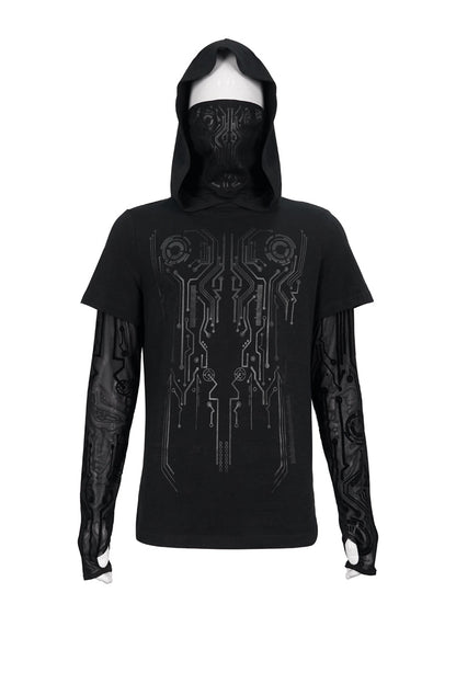 Black Paneled Mesh Long Sleeve Super High Collar Masked Circuit Diagram Printed Hooded Knitted Punk T-shirt