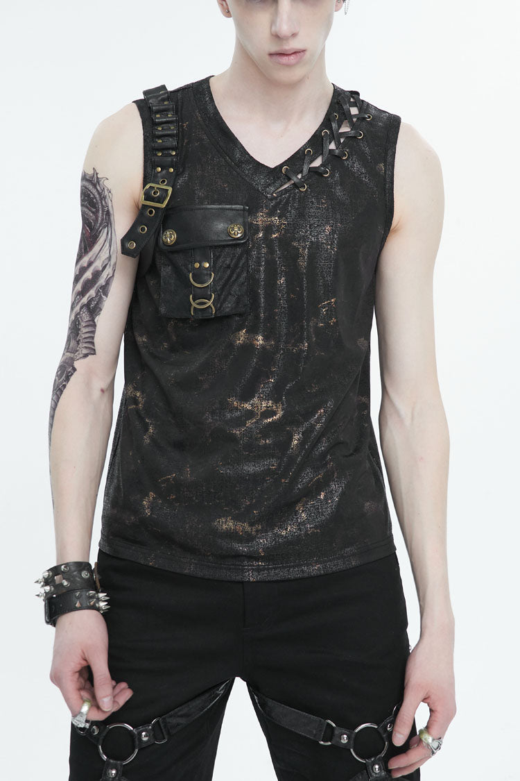 Black Personalized Print Big Pocket Buckle Punk Tank Top
