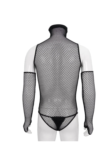 Black Transparent Mesh Super High Collar Masked Glove Thong Punk Onesie