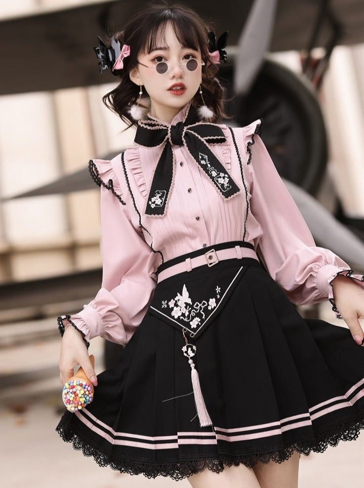 Embroidered Ribbon Ruffle Shoulder Blouse + Tassel Strap Embroidery Lace Skirt