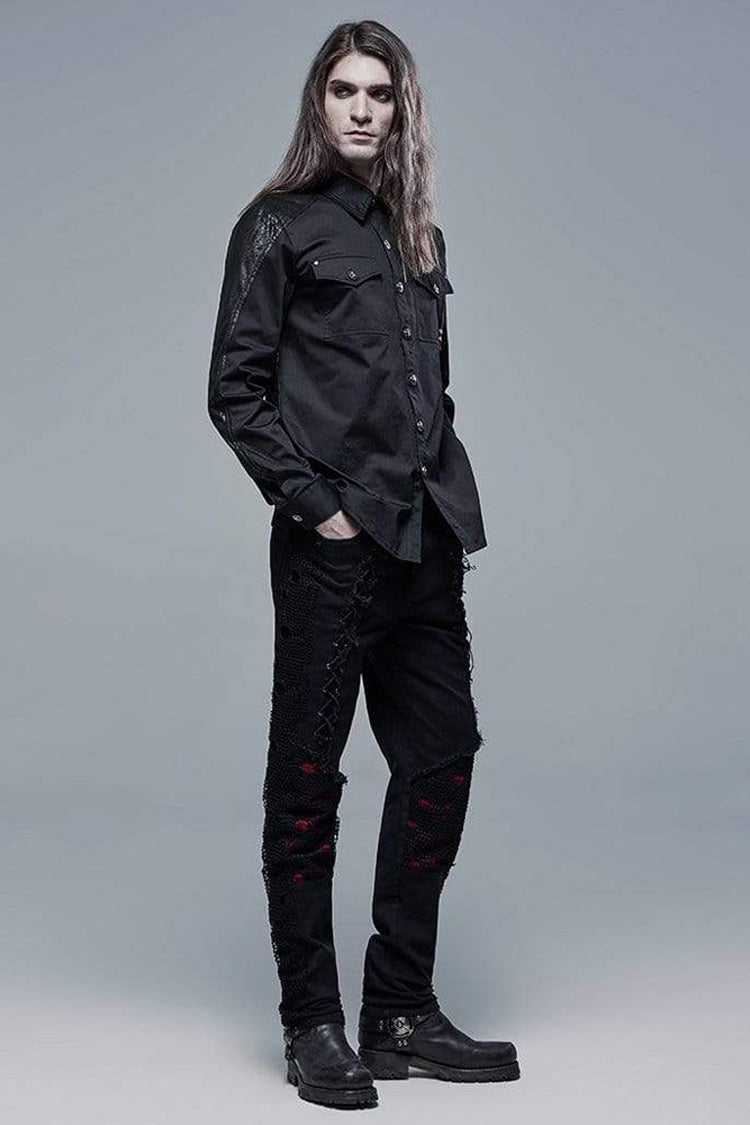 Black Punk Ribbon Decoration Front Metal Skull Button Spliced Shirt