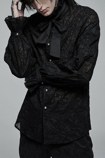 Black Gothic Long Sleeve Mesh Texture Fabric Lace Pleated Ruffle Tie Design Shirt