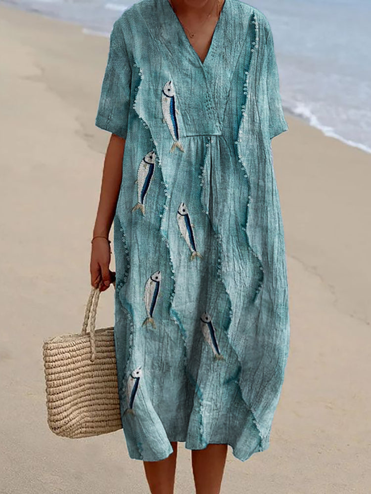Comstylish Fish & Sea Waves Sequin Embroidered Flowy Linen Blend Dress