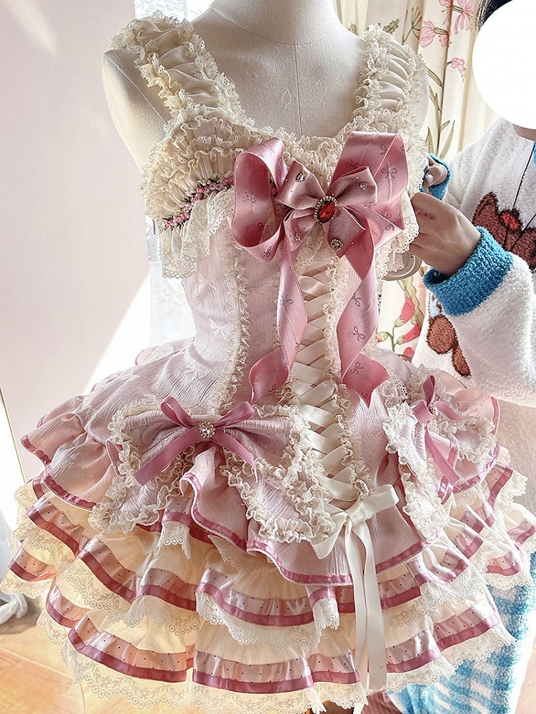 [pre-order Deadline: April 30] Sweet Pink Lolita Lace Ribbon Corset Tiered Jsk Dress