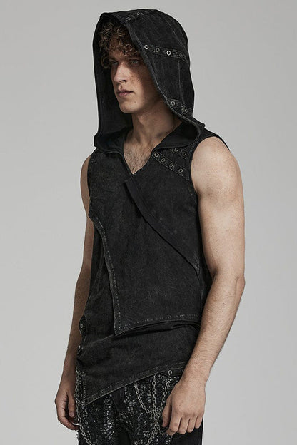 Black Sleeveless Irregular Hooded Punk Tank Top