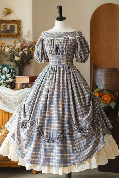 Grey/blue [forest Picnic] Boat Neck Short Sleeves Printed Lift-hem Ruffled Classic Lolita Dress
