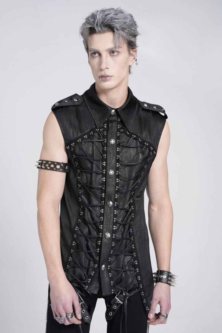 Black Sleeveless Studded Lace-up Gothic Blouse