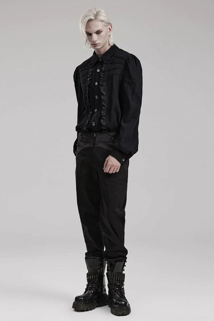 Black Hand-stitched Button Pleated Long Puff Sleeves Ruffle Gothic Blouse