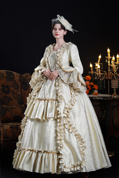 Champagne Square Collar Long Trumpet Sleeves Double-layered Ruffled Open-front Classic Palace Lolita Victorian Dress