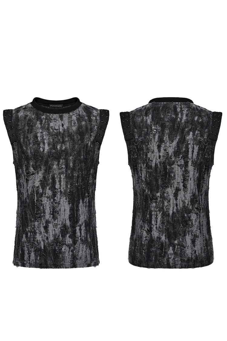 Black/grey Round Collar Sleeveless Print Ripped Distressed Eyelet Gothic Tank Top
