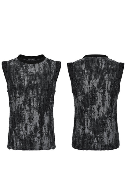 Black/grey Round Collar Sleeveless Print Ripped Distressed Eyelet Gothic Tank Top