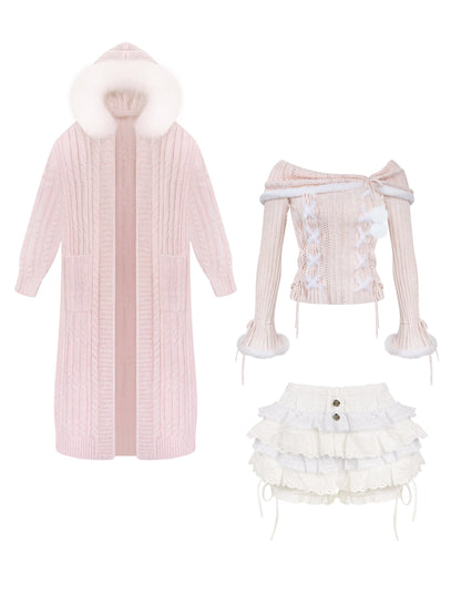 Mist Powder Knit Top + Knit Long Coat + Tiered Skirt