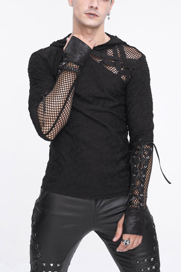 Black Lace Up Mesh Splice Long Sleeve Punk Hoodies