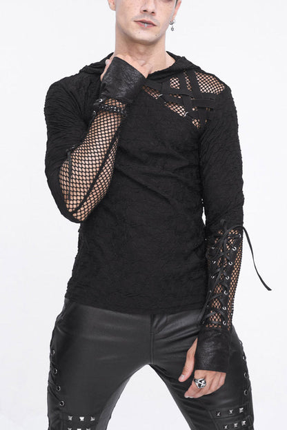 Black Lace Up Mesh Splice Long Sleeve Punk Hoodies