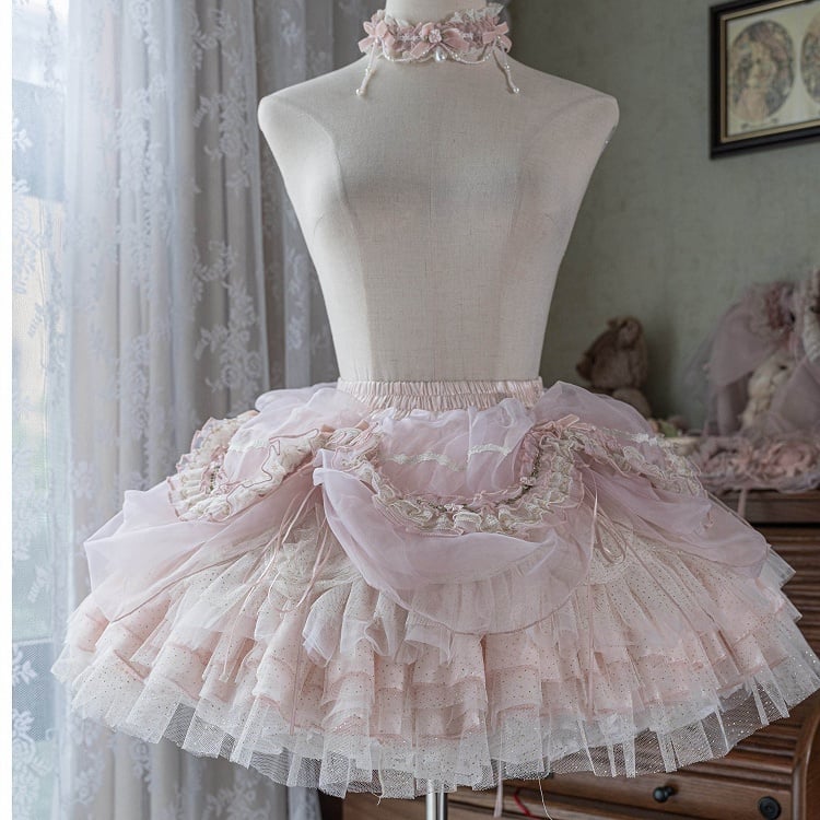 [pre-order Deadline: May 13] Pink Ballet Lolita Lace Ribbon Bustier Corset Top + Pull-up Tulle Tiered Skirt Set + Back Ribbon Train