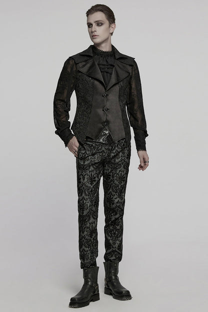 Black Lapel V Collar Long Sleeves Embroidery Gothic Vest