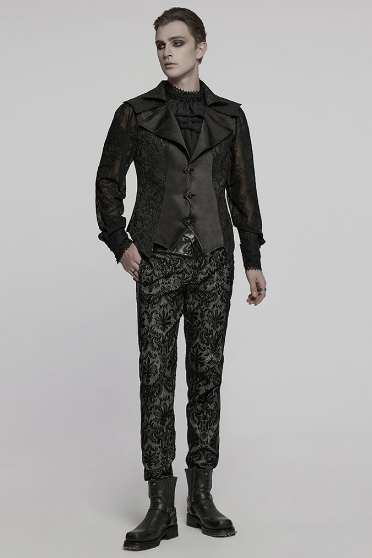 Black Lapel V Collar Long Sleeves Embroidery Gothic Vest