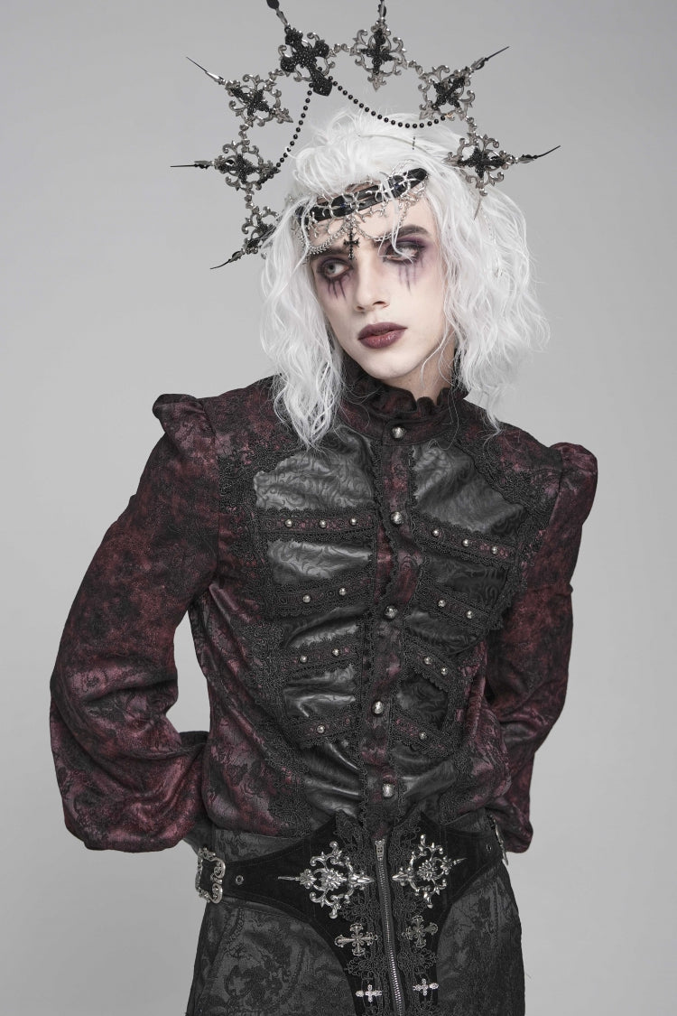 Black/red Stand Collar Long Lantern Sleeves Print Embroidery Gothic Blouse
