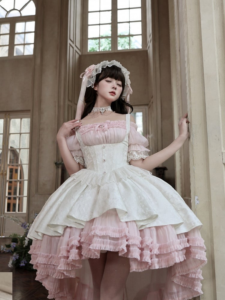 [pre-order Deadline: April 28] Pink X White Gothic Lolita Corset Layered Jsk Dress + Off-shoulder Lace Puff Top