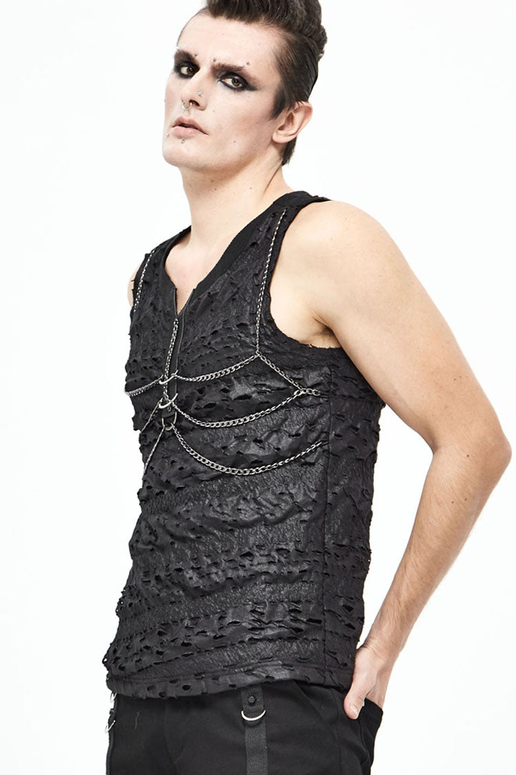 Black Broken Holes Thick Stripes Chest Chain Knit Punk Vest