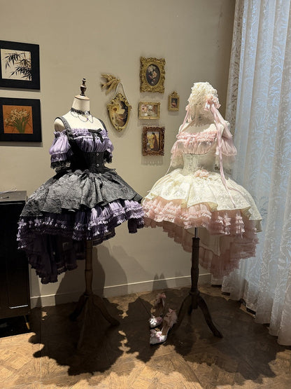 [pre-order Deadline: April 28] Purple X Black Gothic Lolita Corset Layered Jsk Dress + Off-shoulder Lace Puff Top