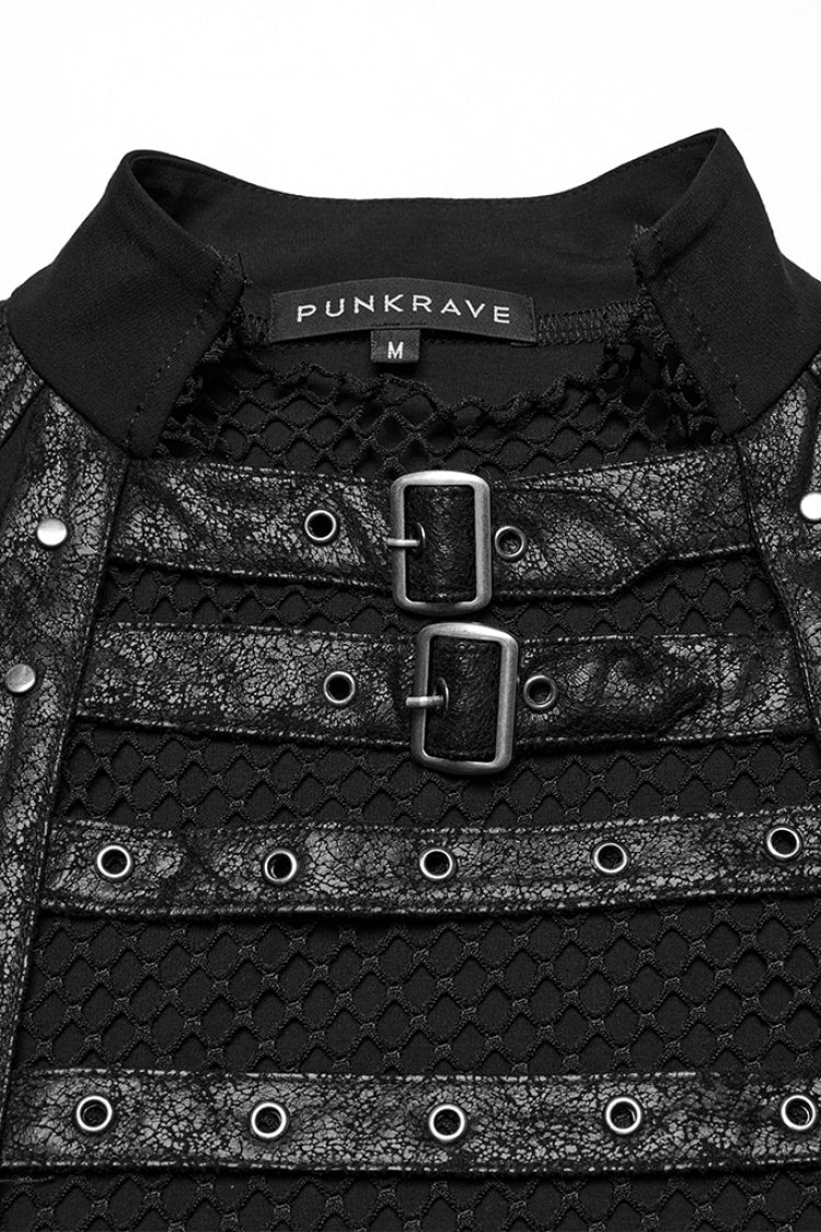 Black Sleeveless Stitching Mesh Eyelet Straps Punk Vest