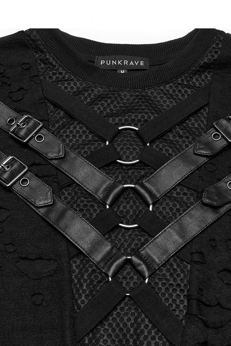 Black Short Sleeves Stitching Mesh Ripped Strap Punk T-shirt