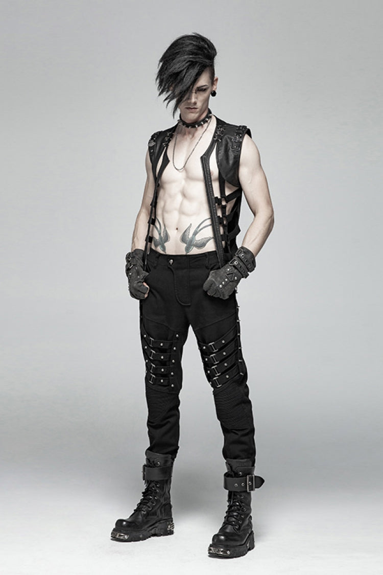 Black Sleeveless Metal Buckles Hollow Faux Leather Steampunk Vest