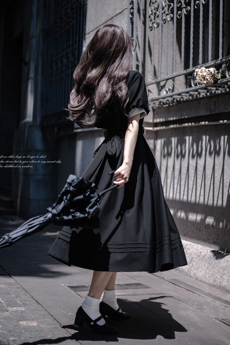 Black [random Thoughts] Square Collar Short Sleeves Ruffle Classic Lolita Dress