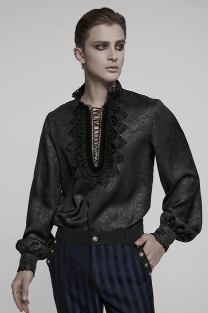 Black Stand Collar Long Sleeves Ruffle Embroidery Lace-up Plunging Rose Gothic Blouse