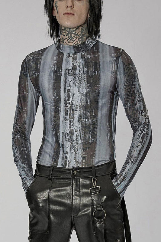 Black/grey Punk High Collar Technology Sense Printing Elasticity Tight Long Sleeves Shirt