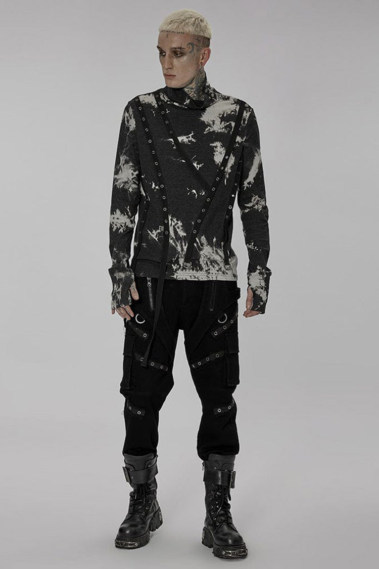 Black/white Punk Asymmetric Metal Buckle Side Button Tie Dye High Neck Basic Long Sleeve Shirt