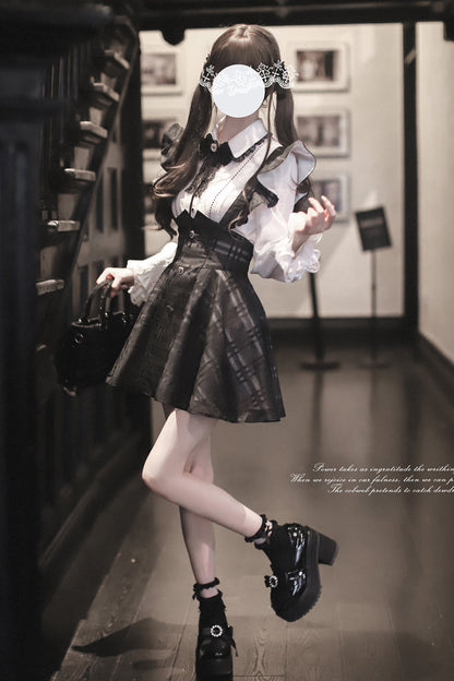 Black Plaid Print Classic College Style Lolita Strap Short Dress