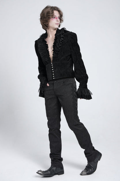 Black V Collar Long Sleeves Ruffle Stitching Lace Gothic Blouse