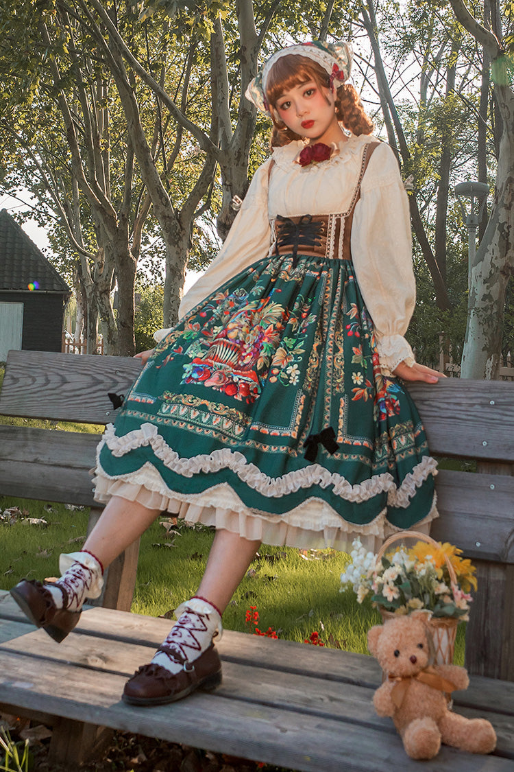 Green [ode to Plenty] Berries and Birds Print Ruffle Bowknot Velvet Classic Lolita Breast Support Jsk Dress