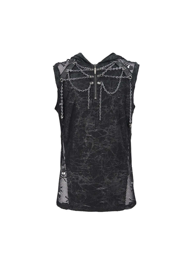 Black Skull Hollowed Out Print Stitched Sleeveless Chain Hoodie Punk Shirt