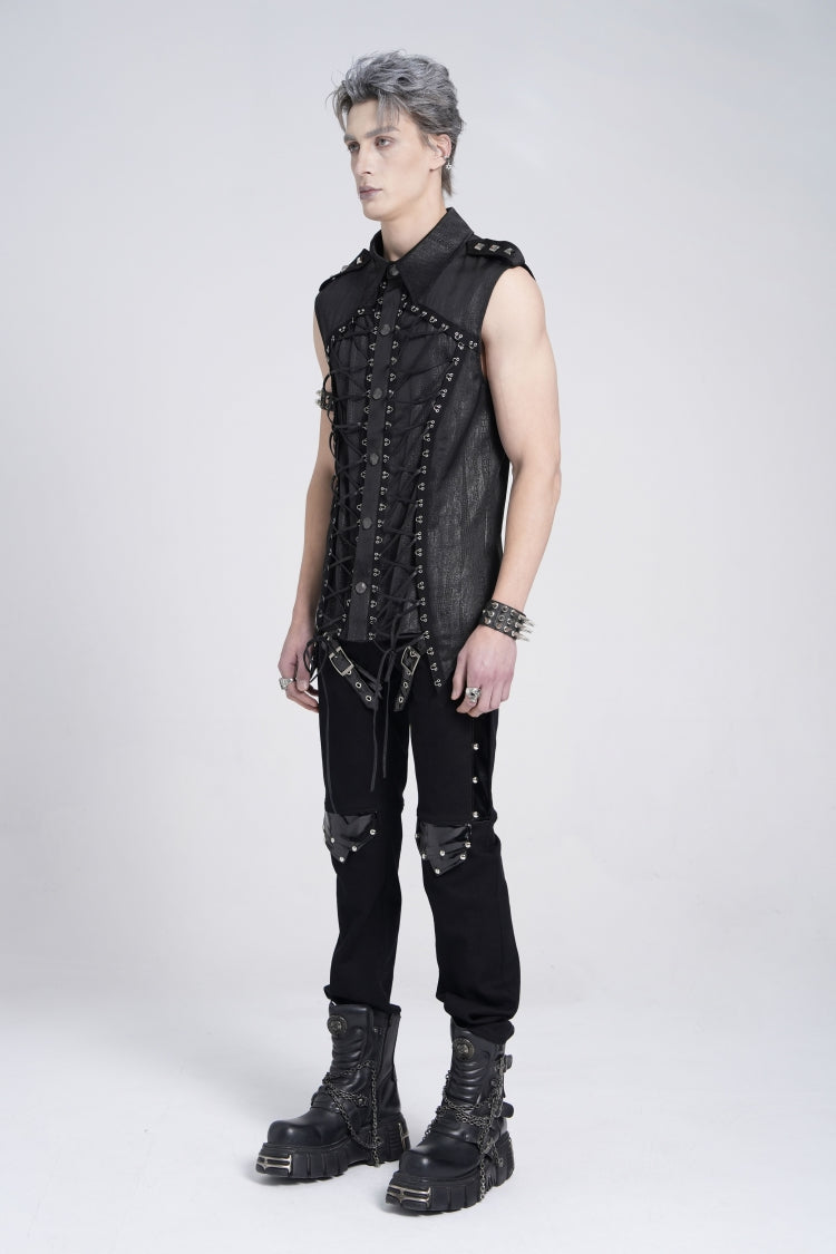 Black Sleeveless Studded Lace-up Gothic Blouse