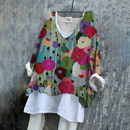 Comstylish Colorful Floral Art Painting Linen Blend Blouse