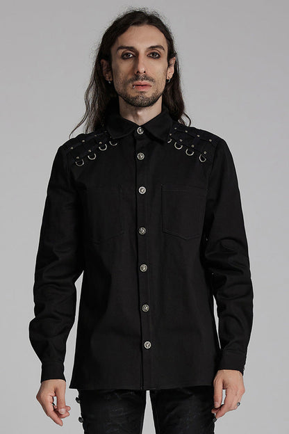 Black Lapel Collar Long Sleeves Rings Punk Blouse