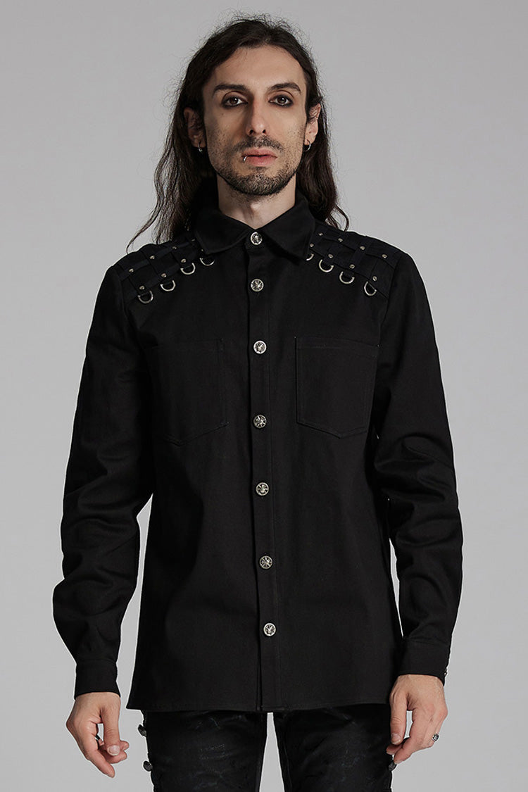 Black Lapel Collar Long Sleeves Rings Punk Blouse
