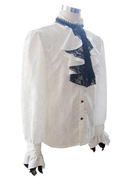 White Shining Rose Print Lace Cuff Gothic Blouse