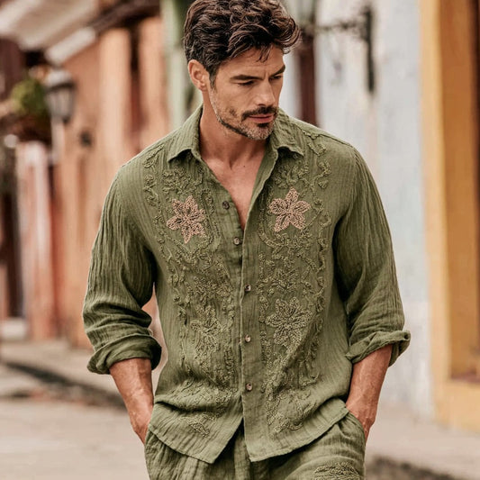 Men's Vintage Woven Floral Linen Shirt elevenforest