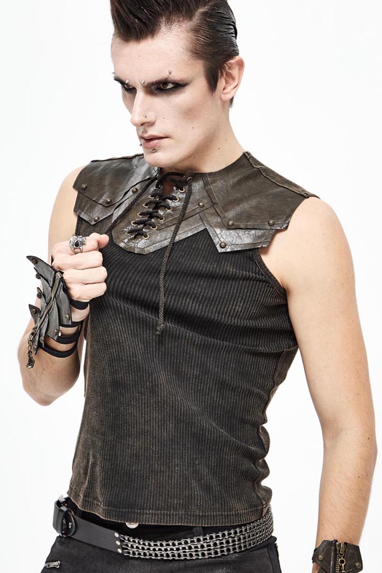 Brown Lace Up Striped Shoulder Armor Shape Chest Knitting Punk Vest