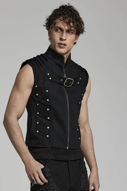 Black Stand Collar Sleeveless Stitching Buckle Decoration Steampunk Vest
