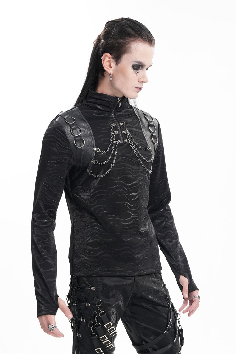 Black Chain Rings Stand Collar Long Sleeves Gothic T-shirt