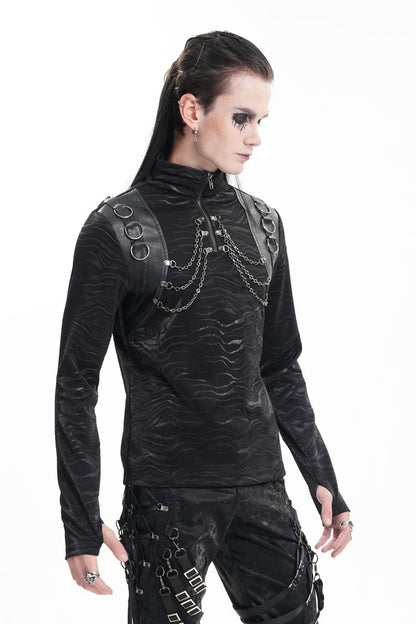 Black Chain Rings Stand Collar Long Sleeves Gothic T-shirt