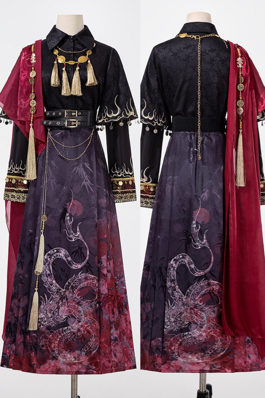 Fire China Long Coat + Top + Long Skirt