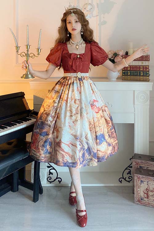 Red Puff Sleeve Church Victory Print Classic Lolita Op Dress
