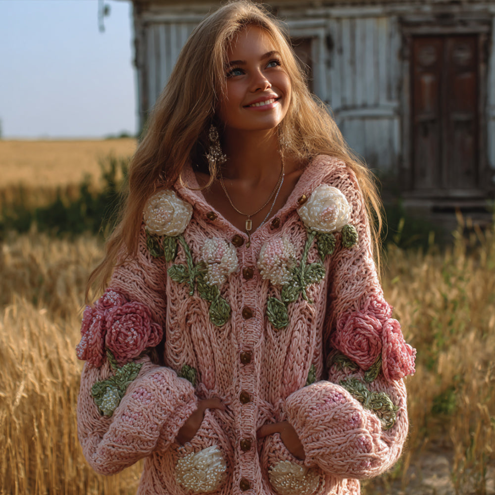 Women's Vintage Three-dimensional Flower Hooded Long Sweater elevenforest