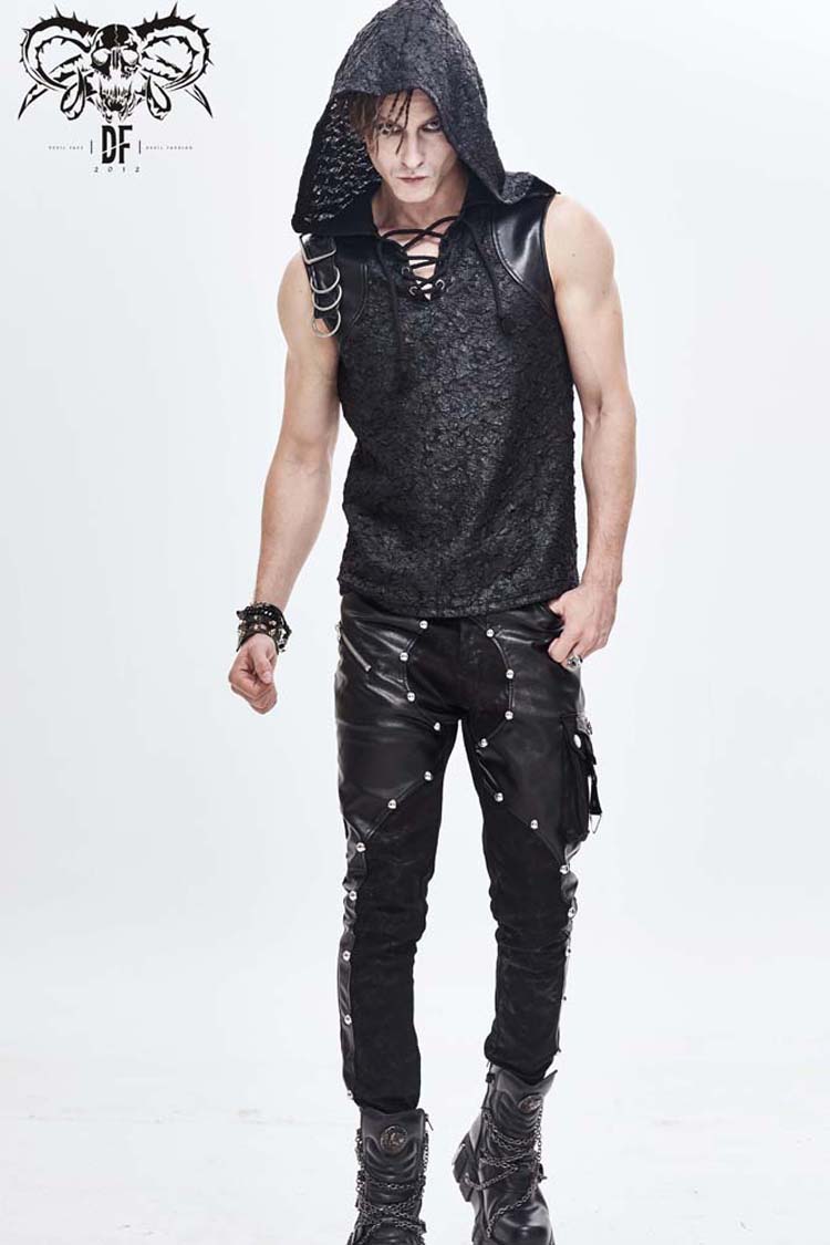 Black Hooded Tattered Chest Lace Up Metal Buckle Knit Punk Vest